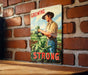 a picture of a man holding a plant on a brick wall