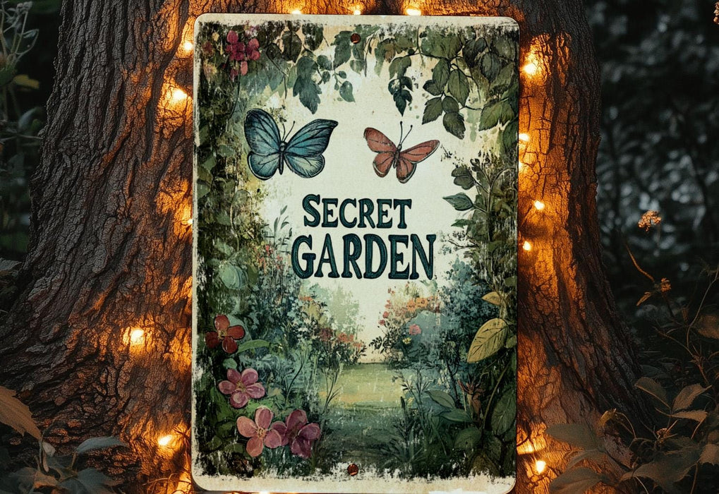 a sign that reads secret garden surrounded by lights