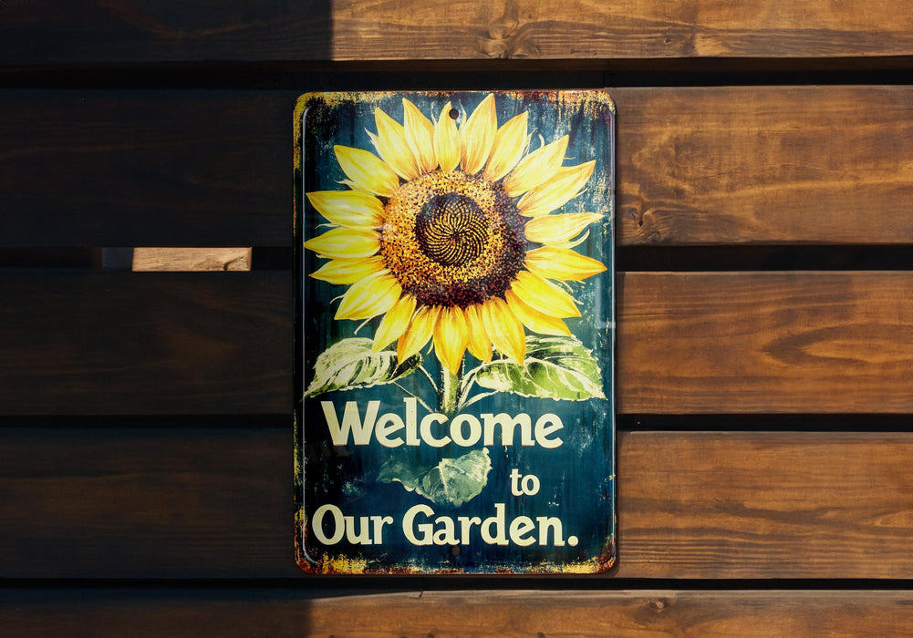 a metal sign with a sunflower painted on it