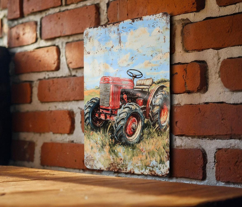 a painting of a red tractor on a brick wall