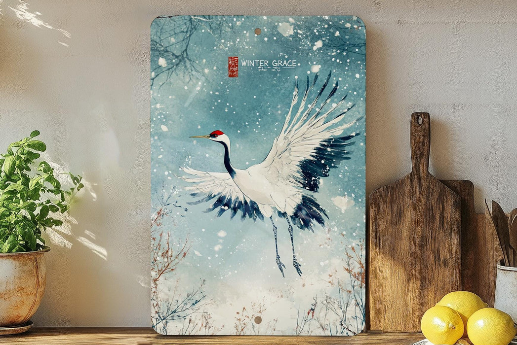 a painting of a white crane flying in the snow