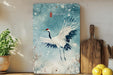 a painting of a white crane flying in the snow