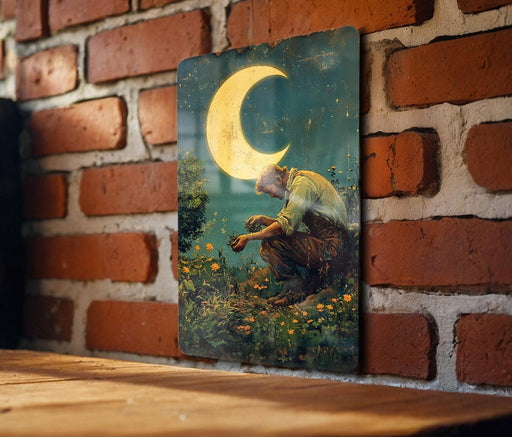 a painting of a man kneeling in front of a brick wall