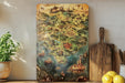 a painting on a wall next to a cutting board