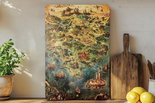 a painting on a wall next to a cutting board