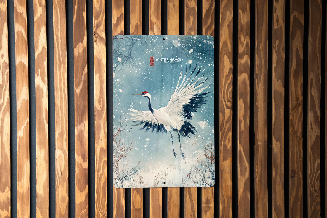 a painting of a crane on a wooden wall