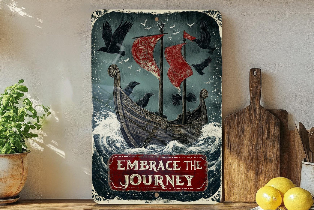 a painting of a boat with a red flag on it
