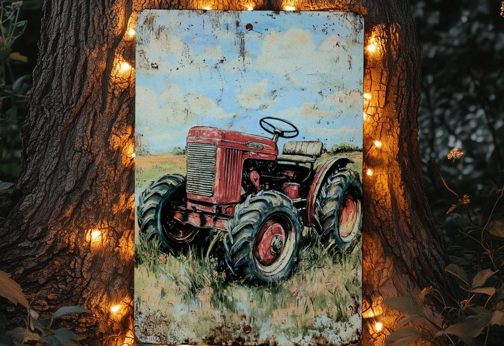 a painting of a red tractor on a tree