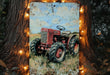 a painting of a red tractor on a tree