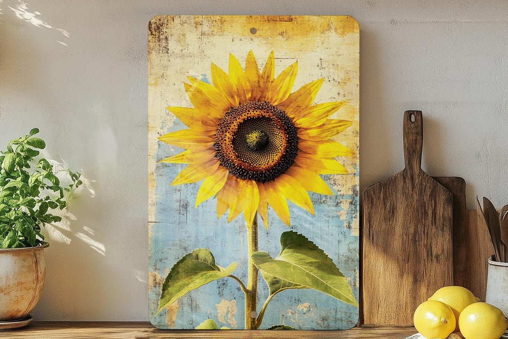 a painting of a yellow sunflower on a blue background