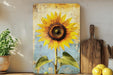 a painting of a yellow sunflower on a blue background