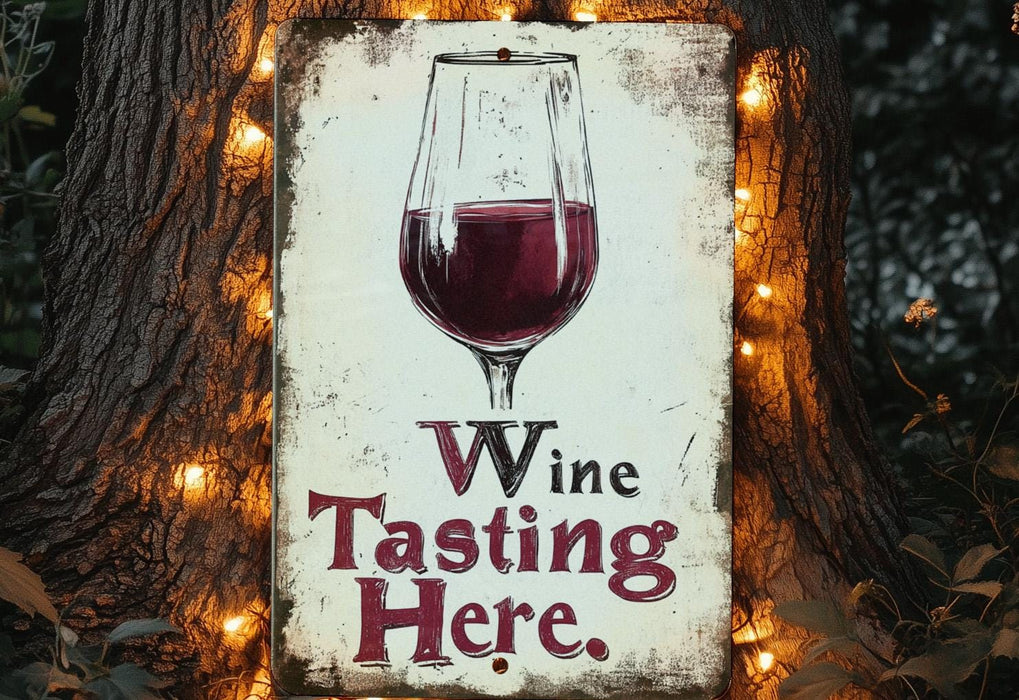 a wine tasting sign with a glass of wine