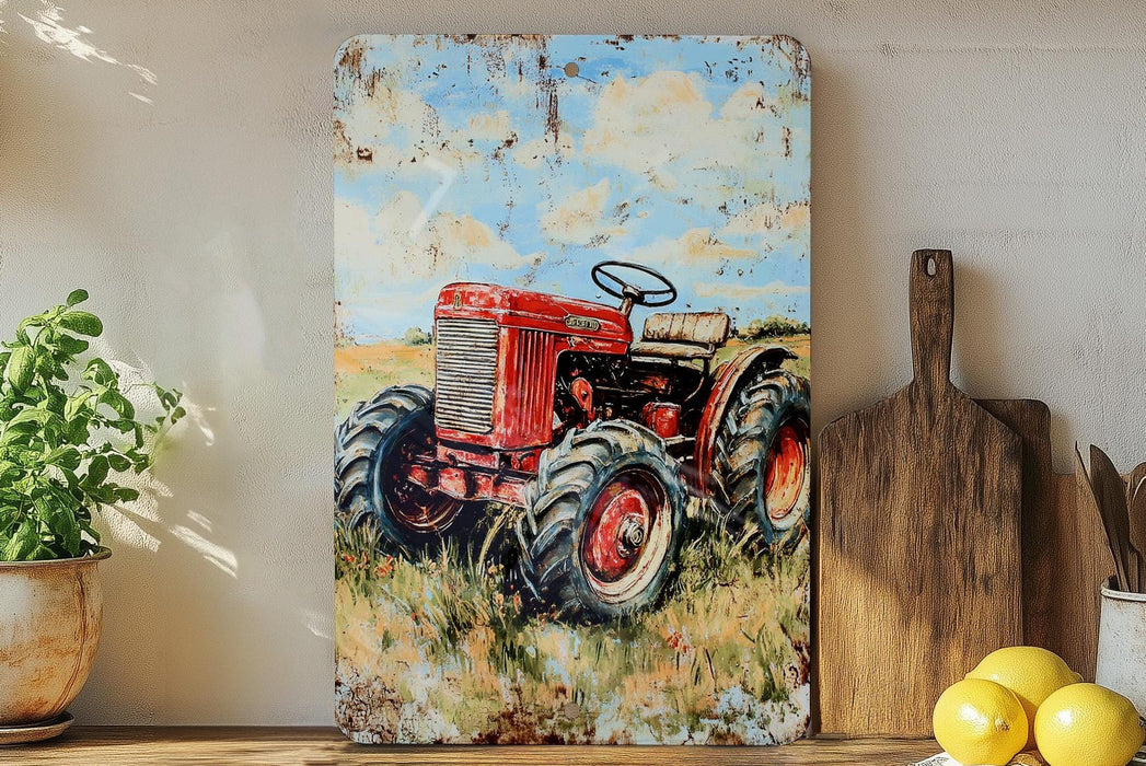a painting of a red tractor on a white wall