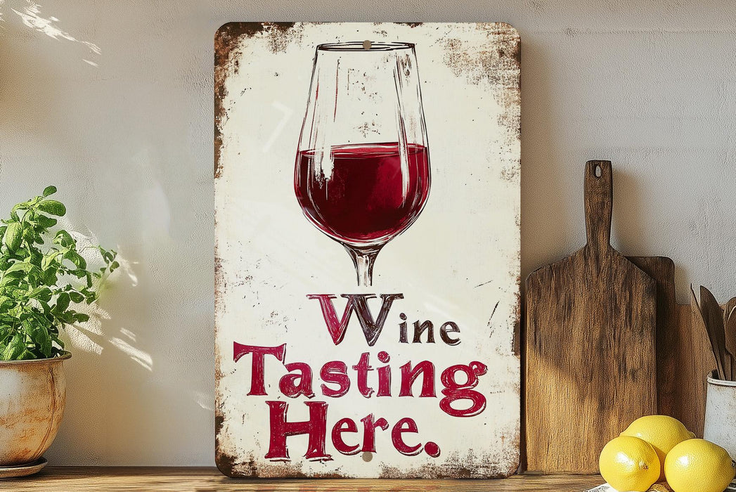 a wooden sign with a glass of wine on it