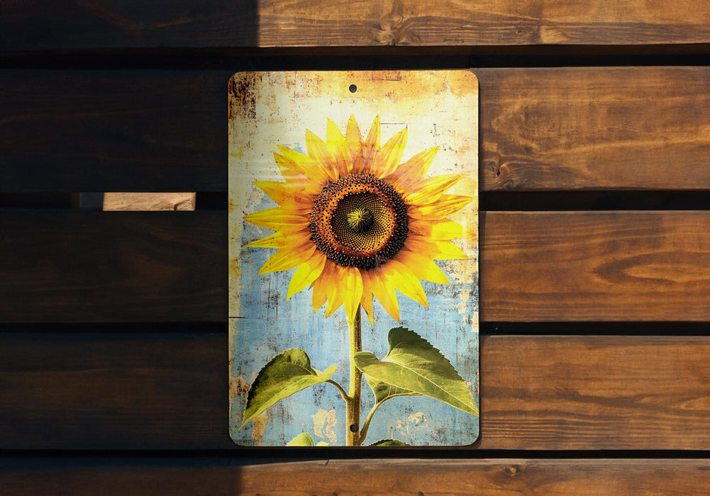 a picture of a sunflower on a wooden bench