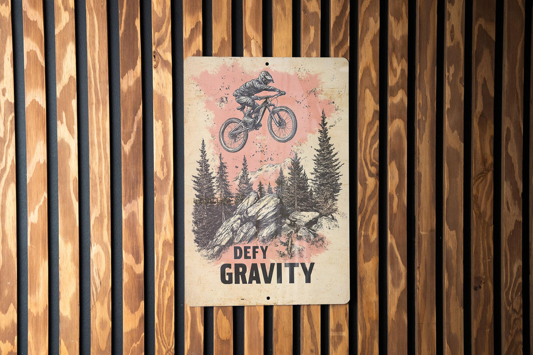 a sign on a wooden wall that says defy gravity