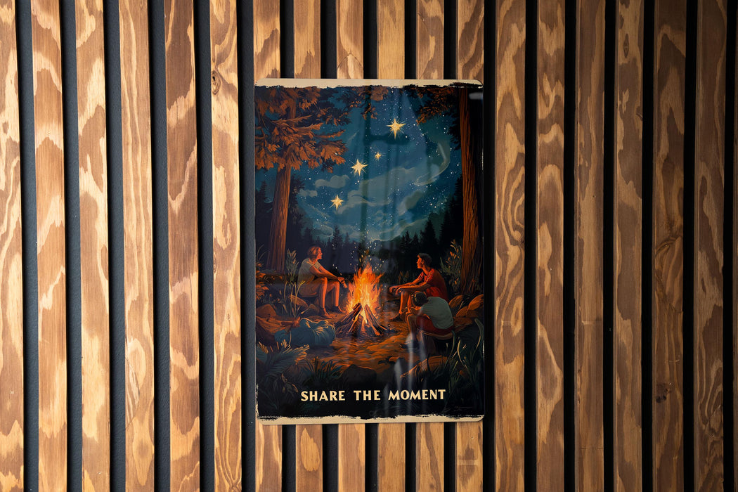 a wooden wall with a poster on it that says share the moment