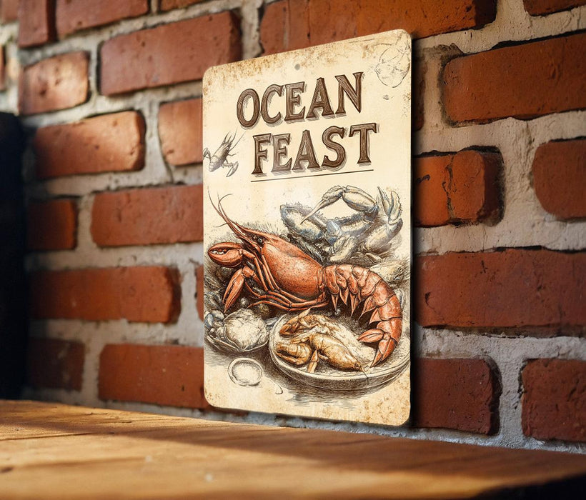 a sign on a brick wall that says ocean feast