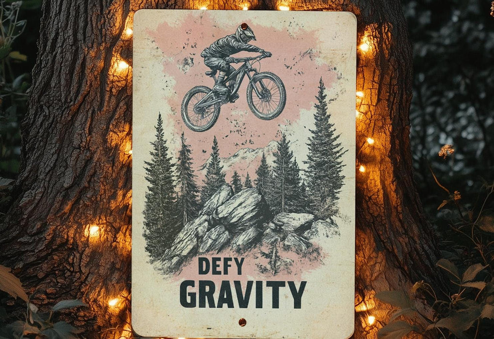 a sign that says defy gravity on a tree