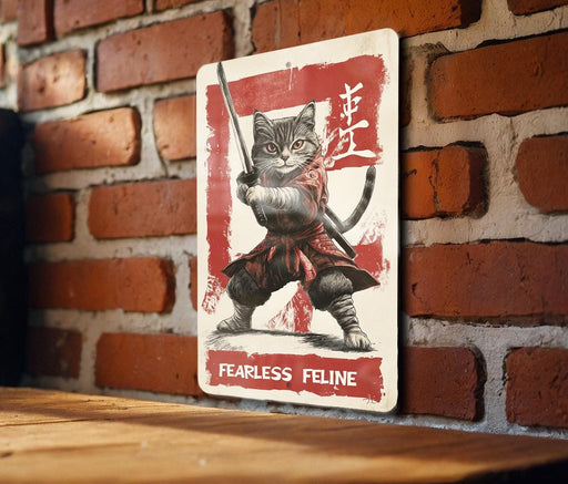a picture of a cat on a sign on a brick wall