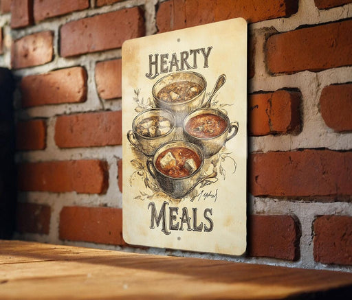 a sign on a brick wall that says hearty meals