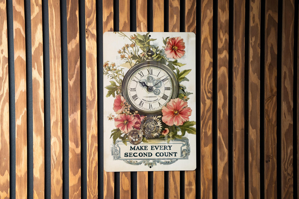 a clock on a wooden wall that says make every second count