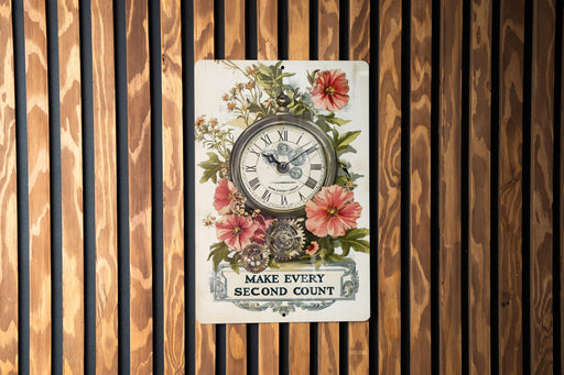a clock on a wooden wall that says make every second count