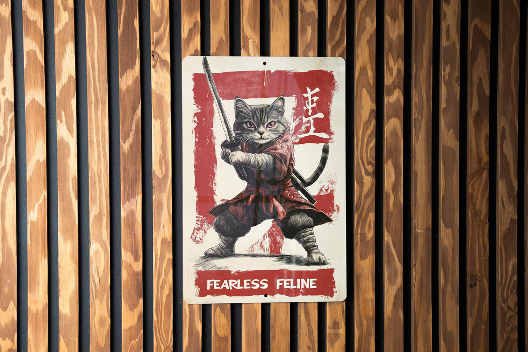 a sign on a wooden wall with a cat holding a sword
