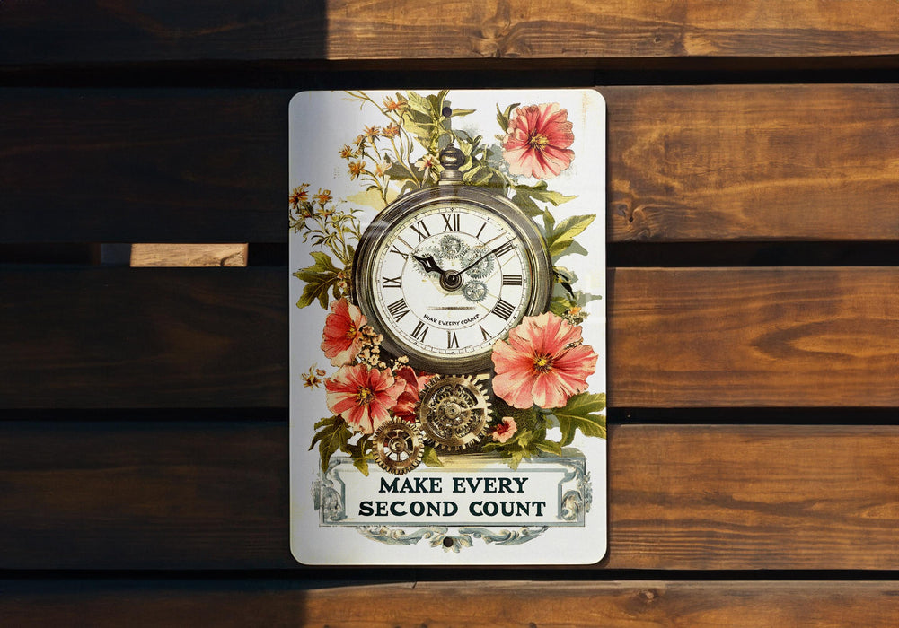 a clock on a wooden bench that says make every second count