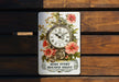a clock on a wooden bench that says make every second count