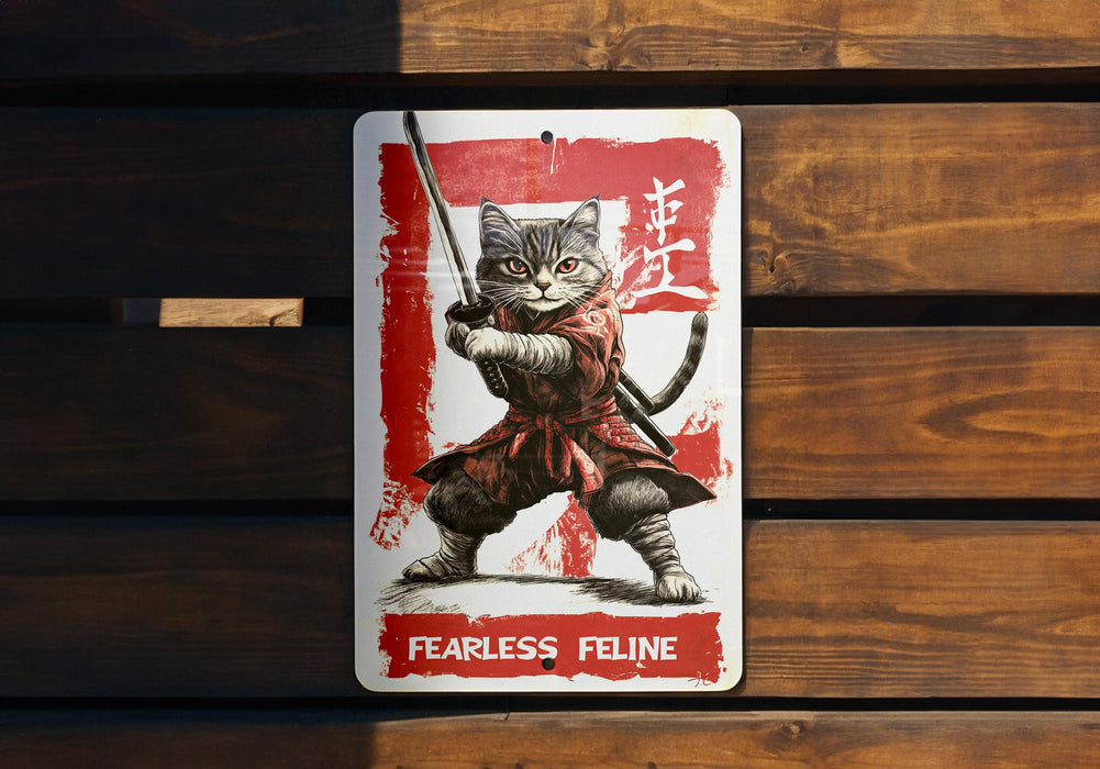 a sign with a cat holding a sword