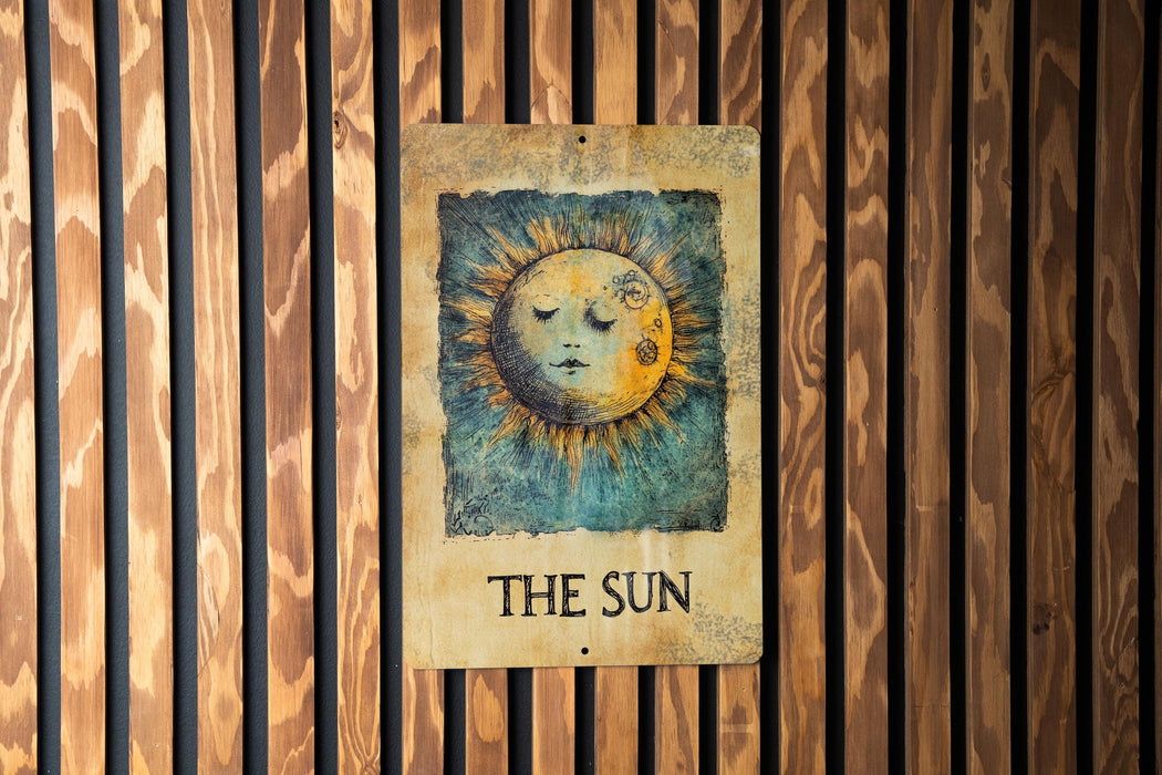 a picture of a sun on a wooden wall