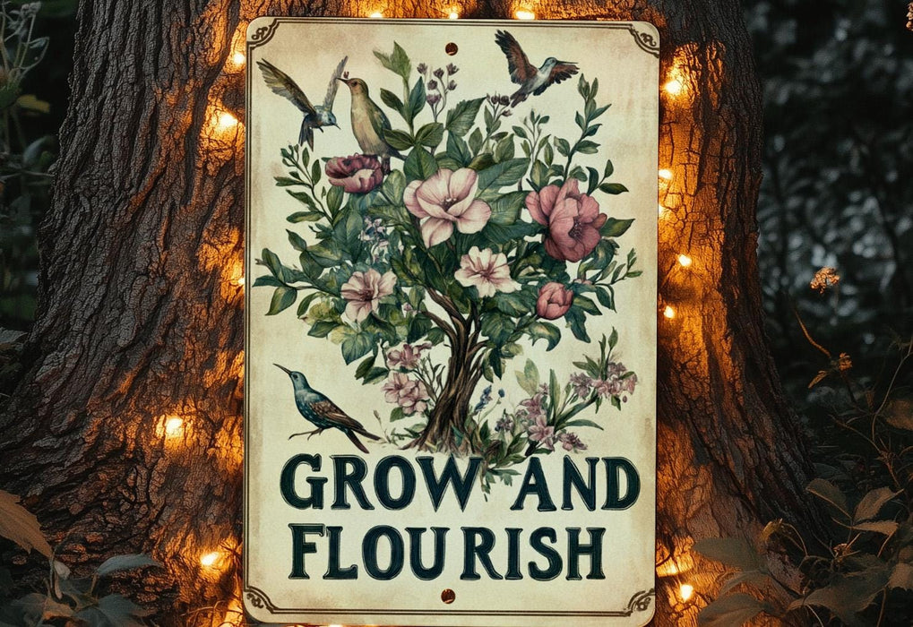 a sign that says grow and flourish on a tree