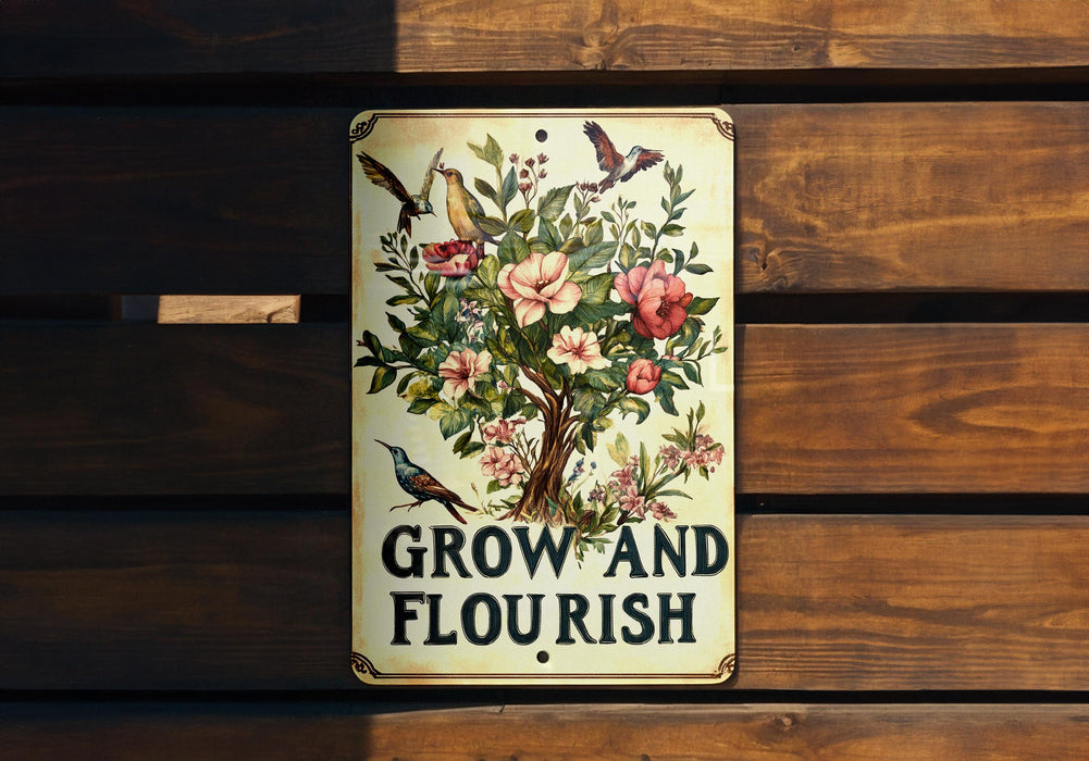 a sign on a wooden wall that says grow and flourish