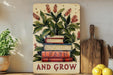 a painting of books and plants on a shelf