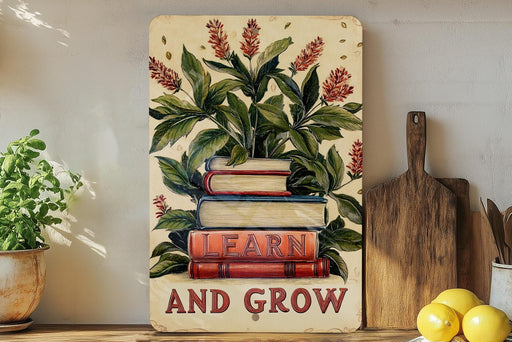 a painting of books and plants on a shelf