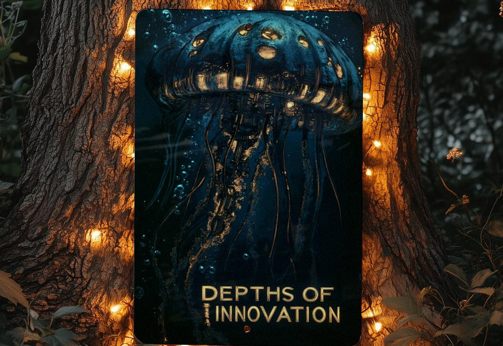 a poster of a jellyfish with lights around it