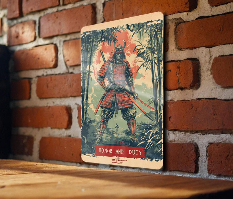 a wooden table with a card on it next to a brick wall