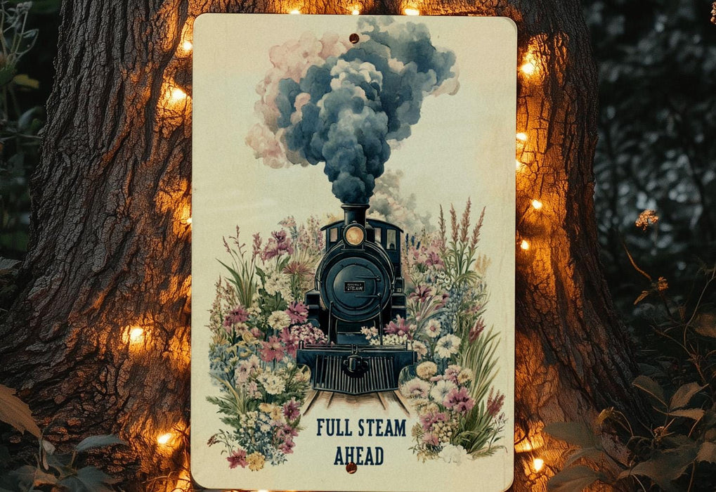 a picture of a steam engine on a sign