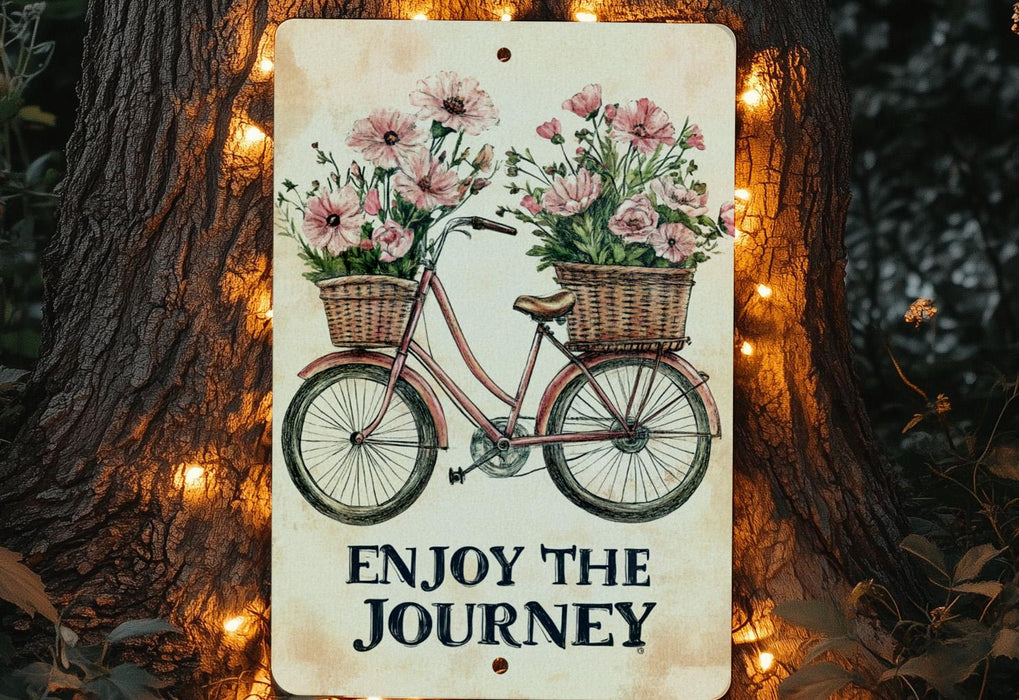 a sign that says enjoy the journey with a bicycle and flowers