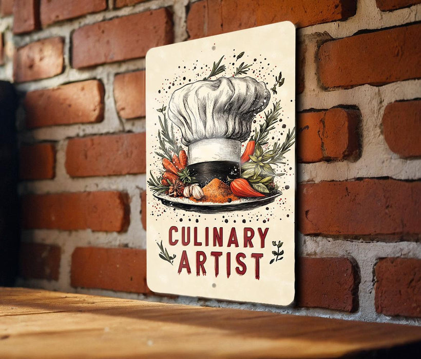 a sign on a brick wall that says culinary artist