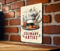 a sign on a brick wall that says culinary artist