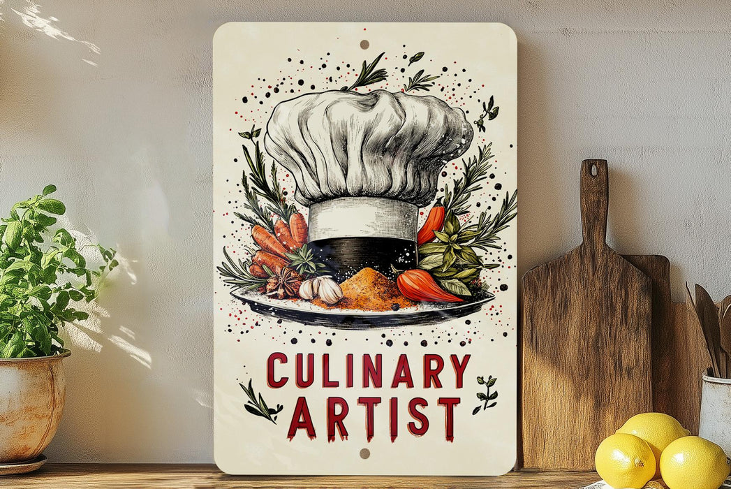 a painting of a chef's hat with vegetables on a plate