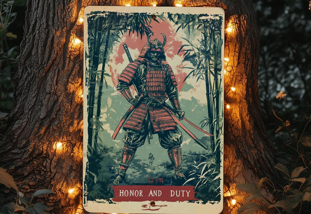a picture of a samurai standing in front of a tree