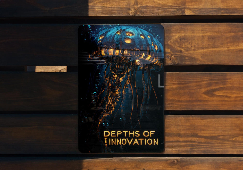 a poster of a jellyfish on a wooden bench