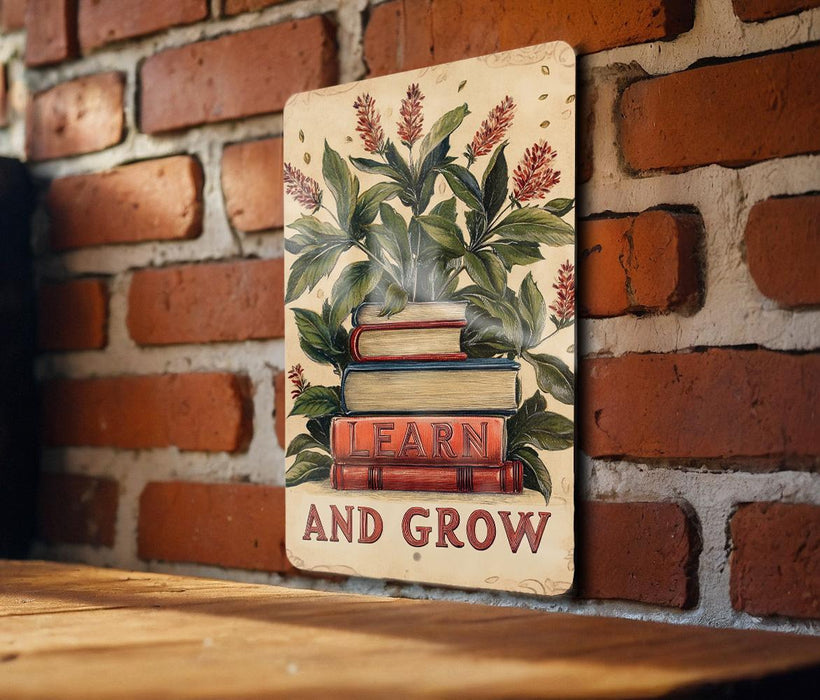 a sign that says learn and grow on a brick wall