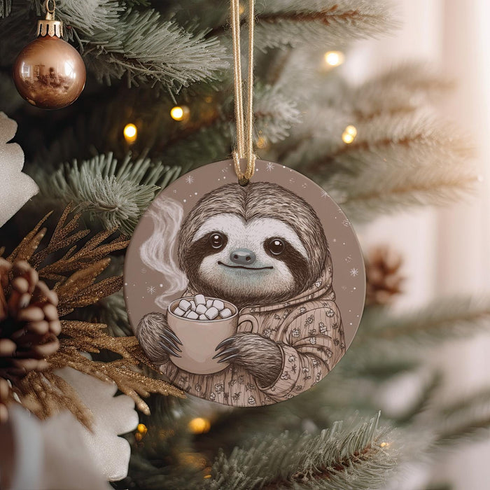 a christmas ornament with a slotty holding a cup of coffee