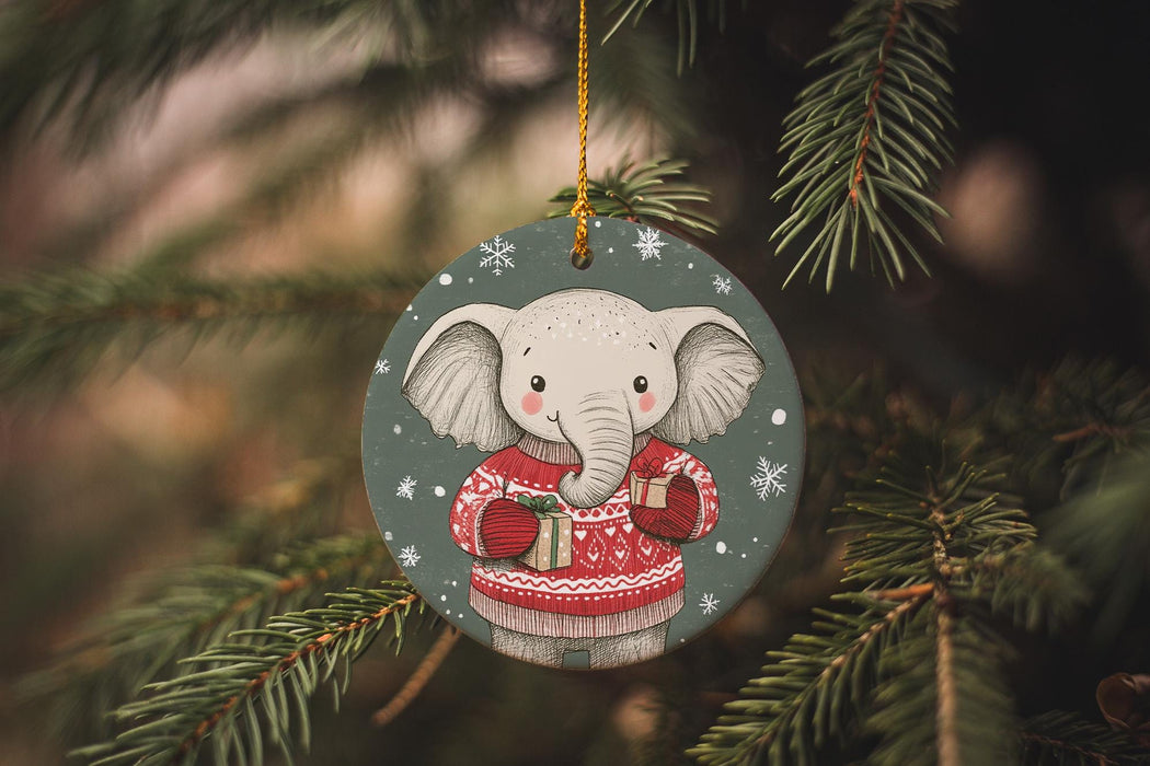 a christmas ornament with an elephant wearing a sweater
