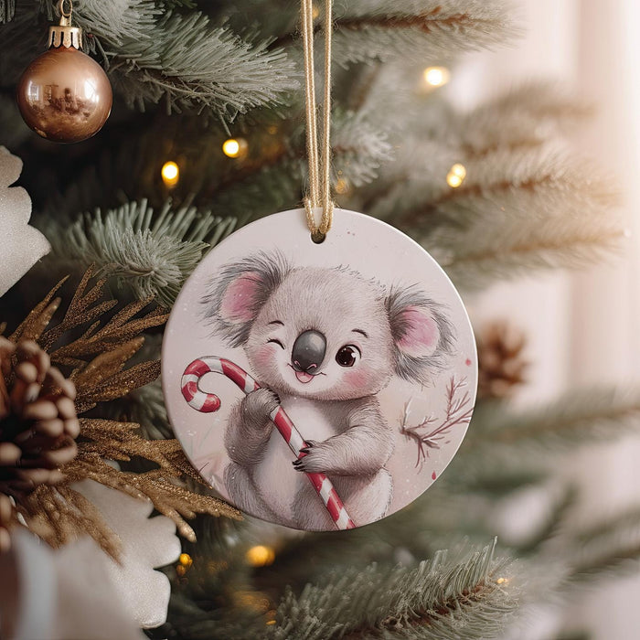 a christmas ornament with a koala holding a candy cane