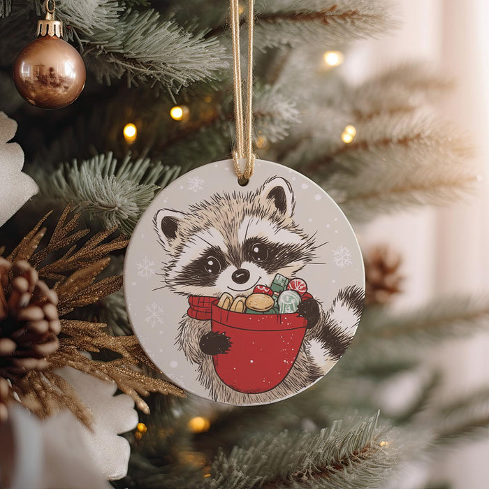 a raccoon ornament hanging from a christmas tree